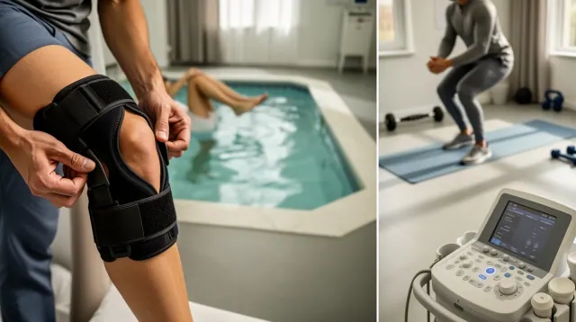 Una persona se coloca una rodillera negra junto a una piscina de rehabilitación