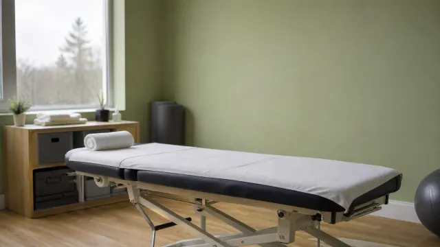 Camilla de masaje en una sala de consulta con pared verde y ventana
