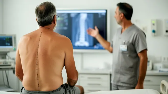 Médico examina radiografía de columna vertebral a un paciente sin camiseta