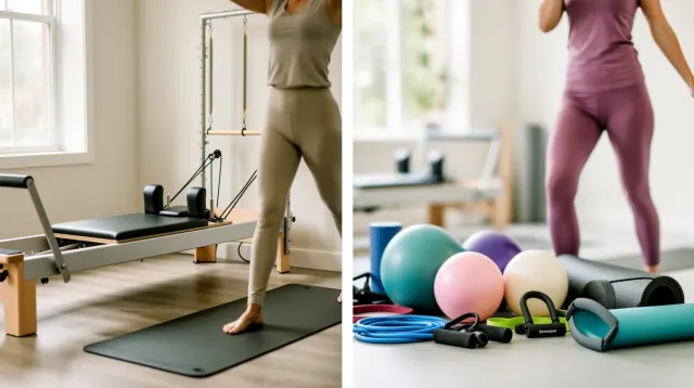 Persona practicando pilates en máquina reformer y material de entrenamiento variado