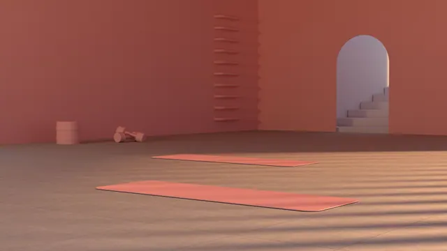 Ilustración 3D de una sala de ejercicio con esterillas y pesas