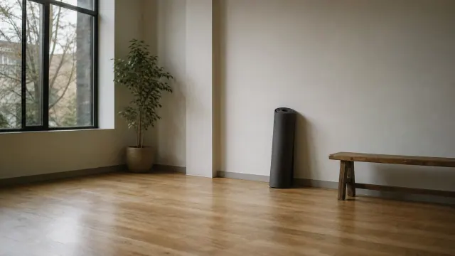 Interior minimalista con maceta, columna de aire acondicionado y banco de madera