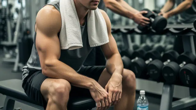 Una persona descansa en un banco de un gimnasio con una toalla alrededor del cuello