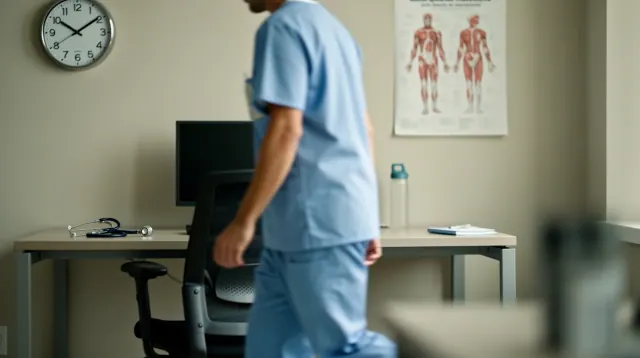 Profesional sanitario en uniforme azul en una consulta médica junto a un escritorio