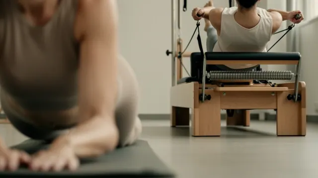 Persona realizando ejercicio en una máquina de pilates reformer