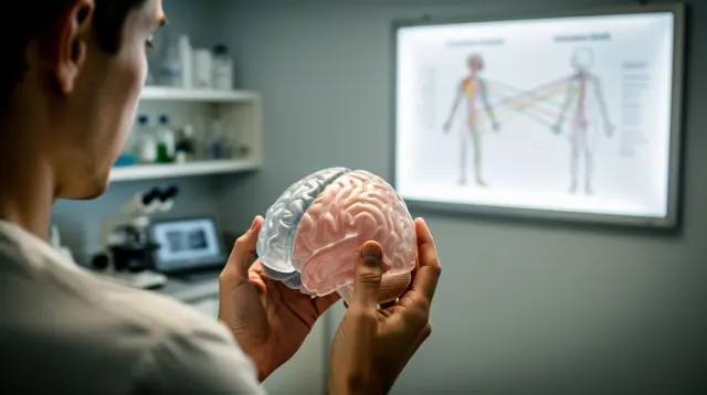 Una persona sostiene un modelo transparente de cerebro humano en una consulta médica