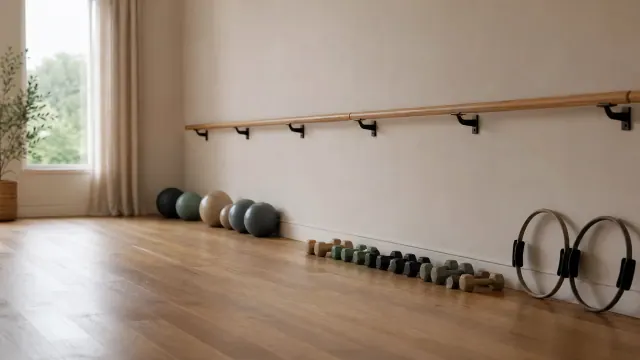 Sala de entrenamiento con equipamiento deportivo alineado en el suelo frente a pared