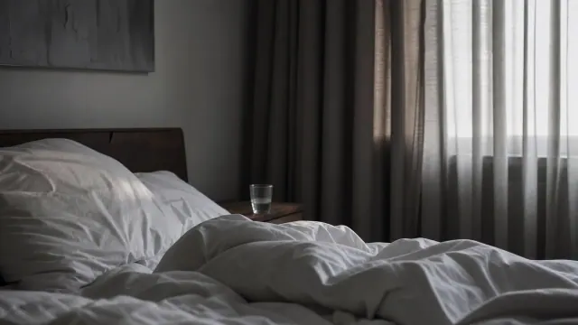 Cama con sábanas claras y vaso de agua junto a la ventana con cortinas