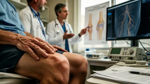 Profesionales sanitarios examinan la rodilla de un paciente en una consulta