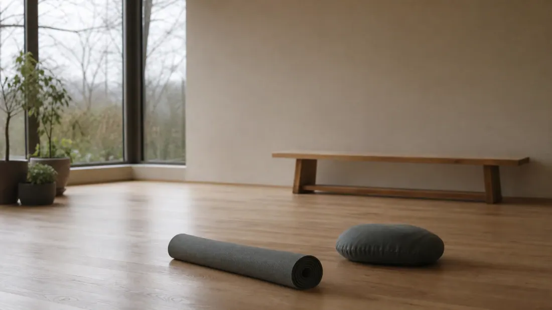 Sala de práctica de yoga con rodillo de espuma y cojín cilíndrico sobre suelo