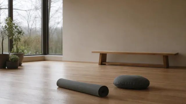 Sala de práctica de yoga con rodillo de espuma y cojín cilíndrico sobre suelo