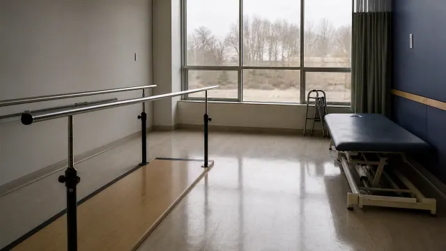 Sala de rehabilitación con barras paralelas y camilla de tratamiento junto a ventanal