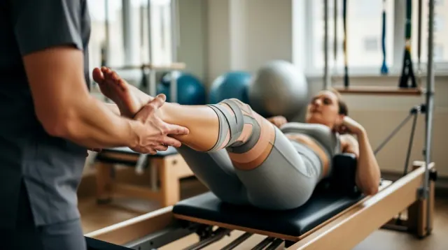 Una persona realiza ejercicio de pilates con máquina reformer mientras recibe