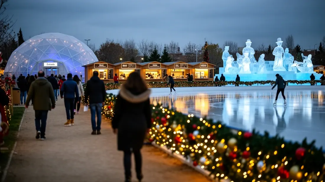 Visitantes pasean junto a una pista de patinaje iluminada con esculturas de hielo