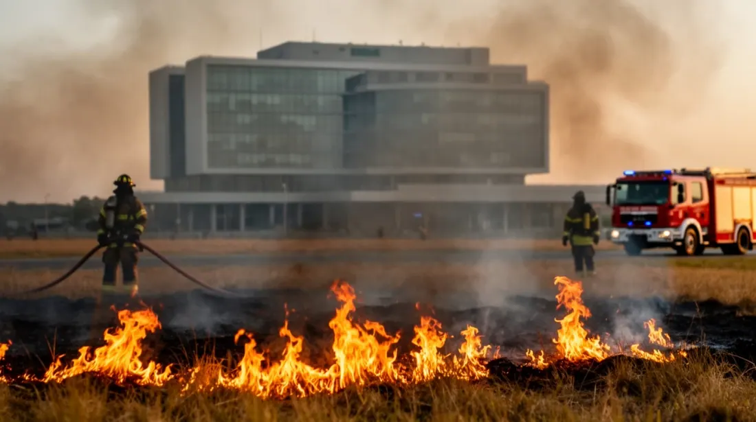 Bomberos extinguiendo un incendio de vegetación frente a un edificio moderno