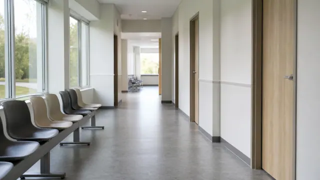 Pasillo de clínica u hospital con sillas de espera y puertas de consultorios