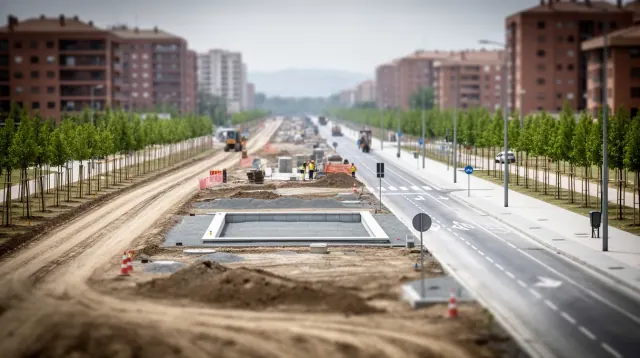 Obras de urbanización en una avenida con edificios de viviendas a ambos lados