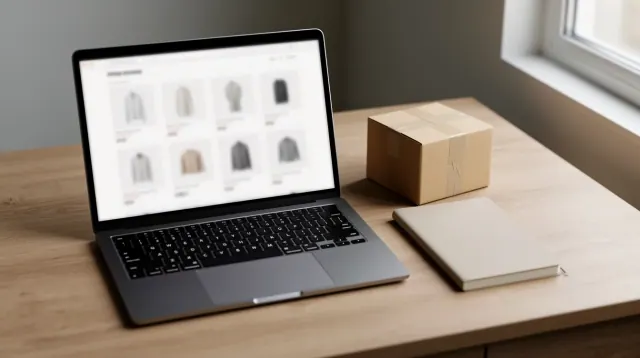 Portátil sobre mesa de madera mostrando catálogo de productos junto a caja