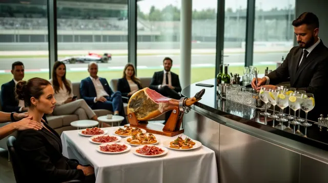 Un camarero sirve bebidas en una recepción corporativa junto a una mesa