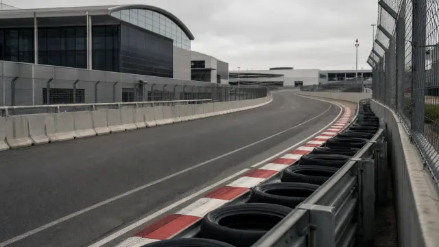 Circuito de carreras con asfalto gris, curva delimitada por barrera de seguridad blanca y neumáticos de protección roja