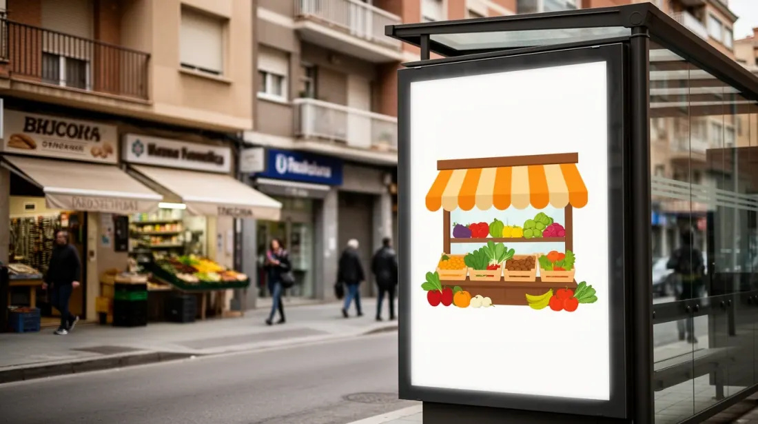 Marquesina publicitaria con ilustración de puesto de frutas y verduras en calle