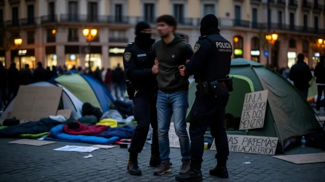 Agentes de policía controlan a una persona en una plaza pública con acampadas
