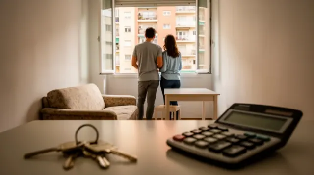 Dos personas observan la ciudad desde la ventana de un apartamento con vistas