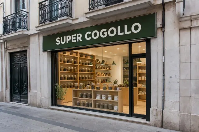 Fachada de la tienda Super Cogollo con estanterías de tarros a la vista