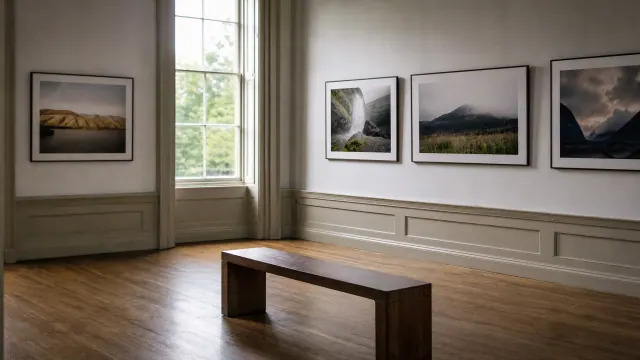 Sala de exposición con fotografías de paisajes montañosos enmarcadas en las paredes