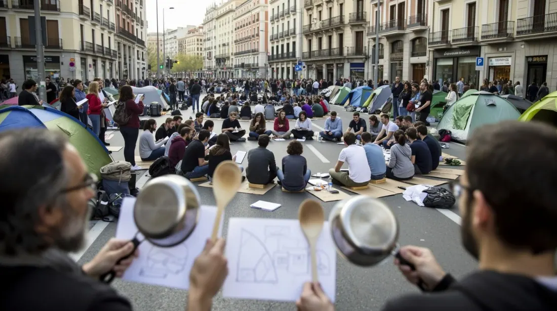 Manifestación de activistas acampados en una plaza urbana con edificios clásicos
