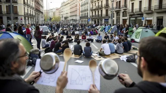 Manifestación de activistas acampados en una plaza urbana con edificios clásicos