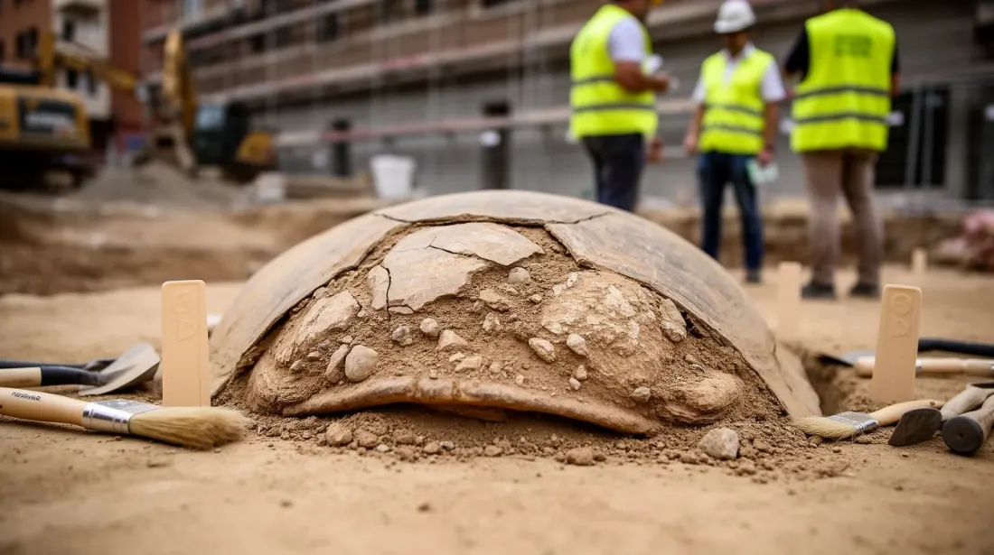 Montículo de tierra y escombros en una obra con trabajadores de construcción al fondo