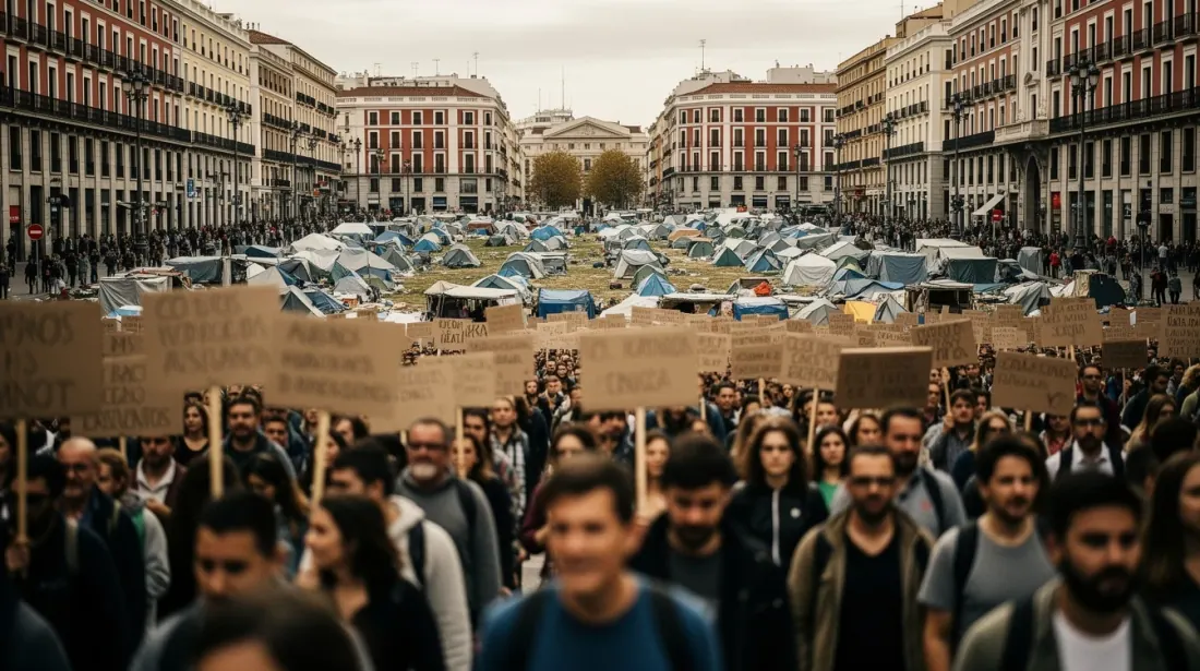 Manifestación en una plaza urbana con tiendas de campaña azules y grupo de personas