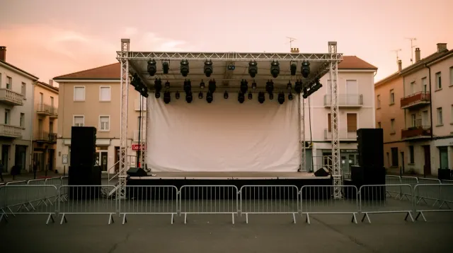 Escenario al aire libre con estructura metálica, pantalla blanca y focos, montado en una plaza con vallas