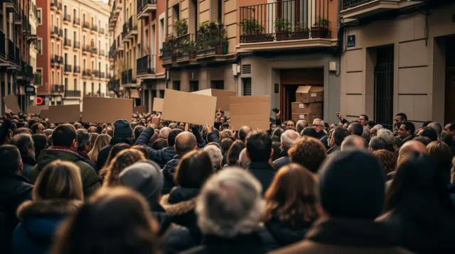 Multitud de personas en una calle urbana con carteles en blanco durante