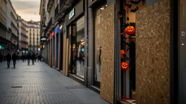 Calle comercial con escaparates decorados con calabazas de Halloween