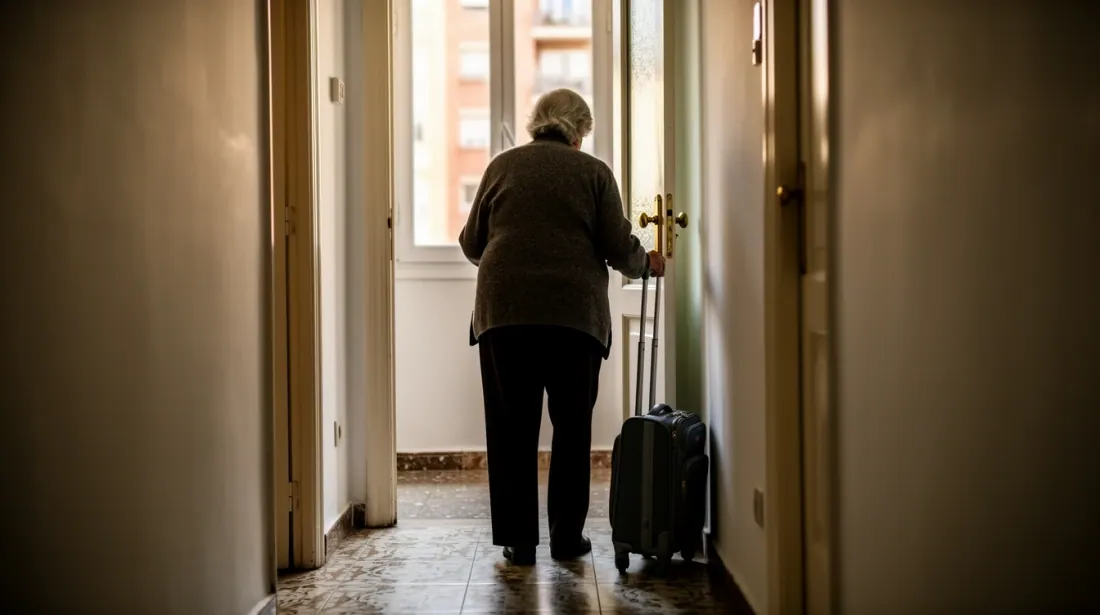Una persona mayor camina por un pasillo con una maleta