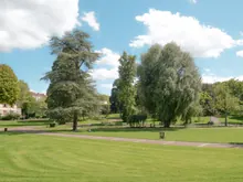 Parque con amplios céspedes y árboles frondosos en un día soleado