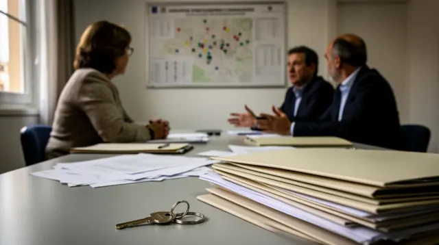 Una persona se reúne con dos trabajadores en una oficina junto a documentación