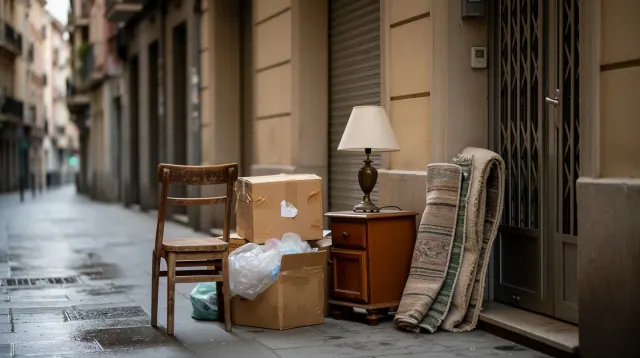 Muebles y cajas apiladas en una acera de ciudad