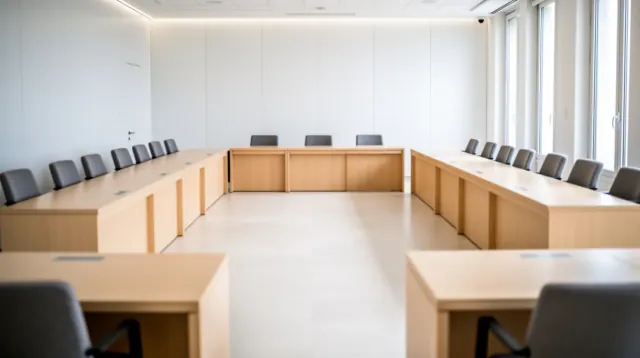 Sala de reuniones con mesas de madera clara dispuestas en herradura y sillas negras, paredes blancas y ventanales