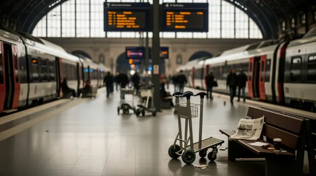 Andén de estación de tren con carrito de equipaje y maletas en primer plano