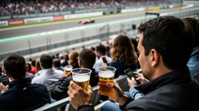 Aficionados con bebidas en las gradas de un circuito de Fórmula 1 durante una carrera