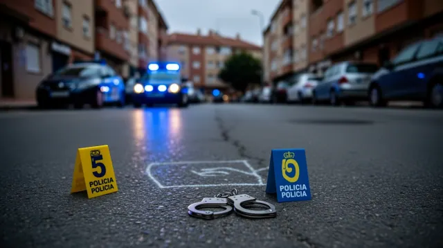 Marcadores de evidencia policial y esposas en el asfalto de una calle urbana