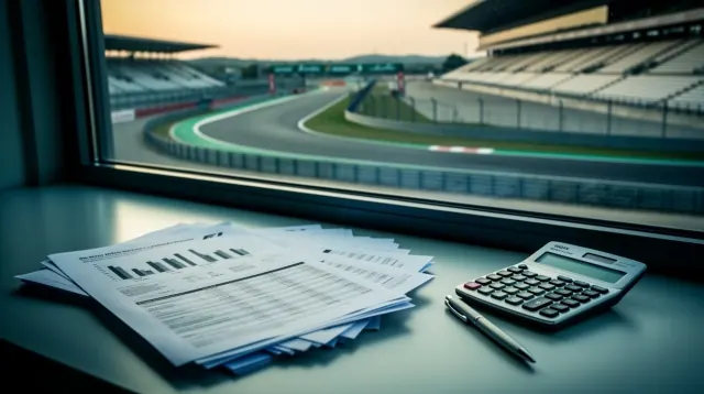 Documentos y calculadora sobre escritorio con vista a circuito de carreras