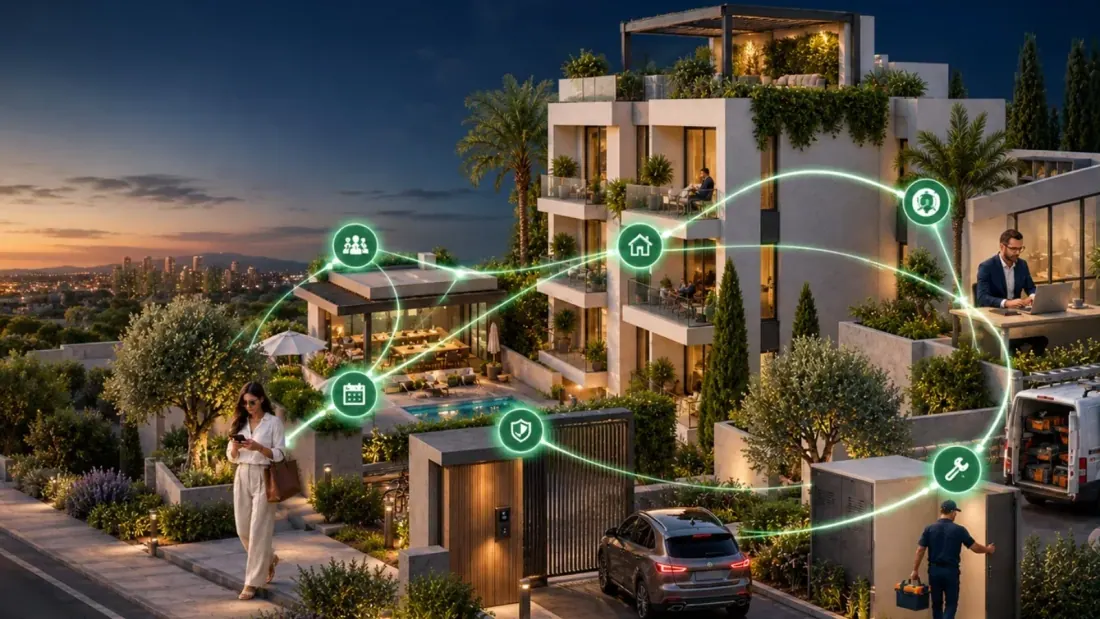 Infografía con iconos verdes de servicios conectados a un edificio residencial