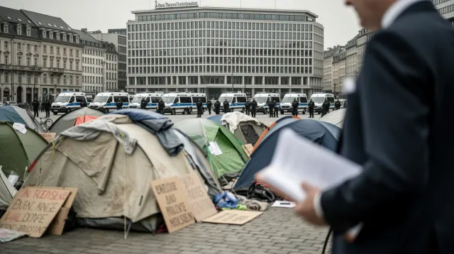 Campamento de tiendas en plaza urbana con vehículos policiales de fondo
