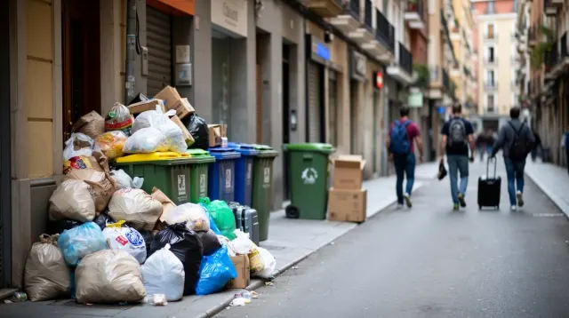 Dos contenedores de basura junto a un muro y una señal