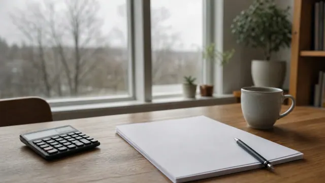 Escritorio de madera con cuaderno, calculadora y taza junto a ventanal