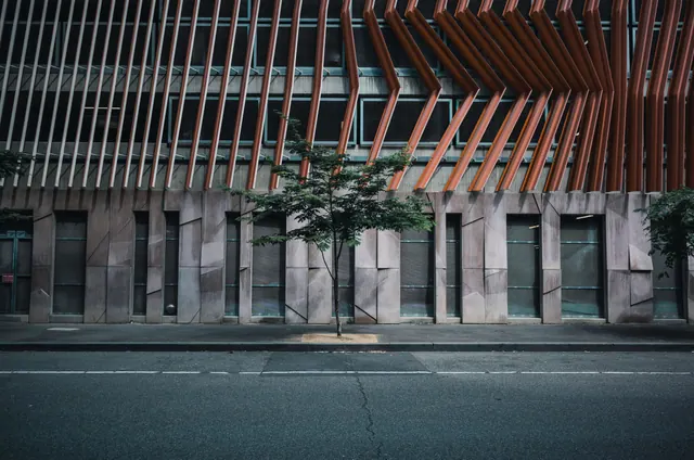 Fachada moderna de un edificio con un árbol joven en la acera